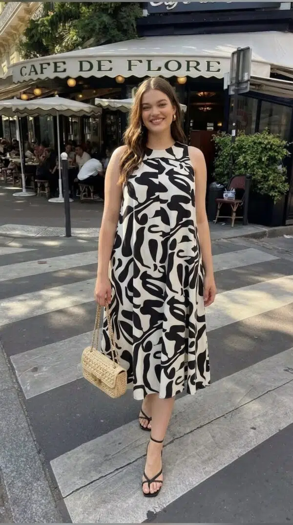 Robe imprimée sans manche noir et blanc