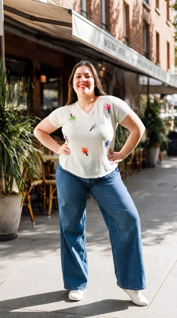 Pull en maille de lin avec encolure en V et broderies