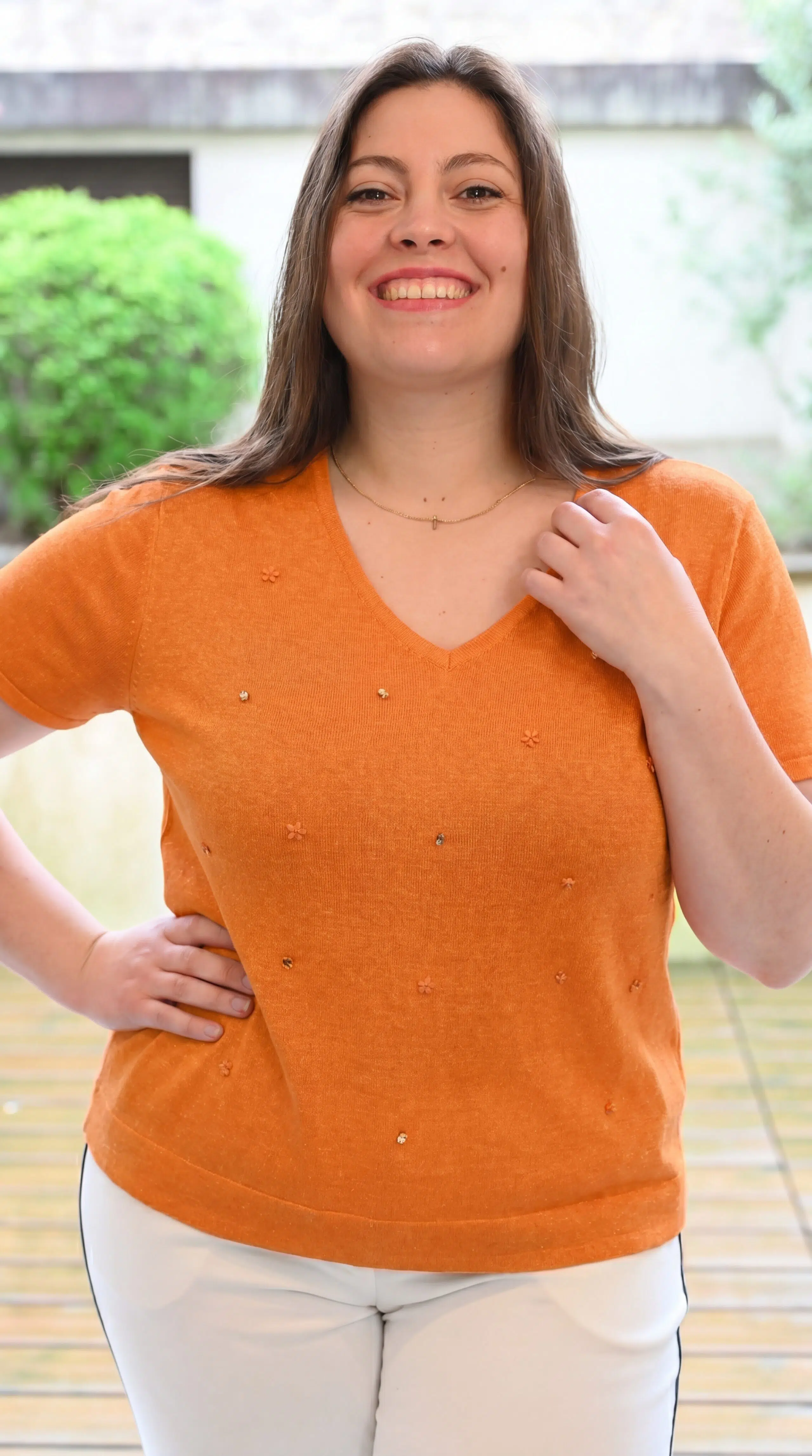 Haut en maille col V avec strass - Chanvre et viscose