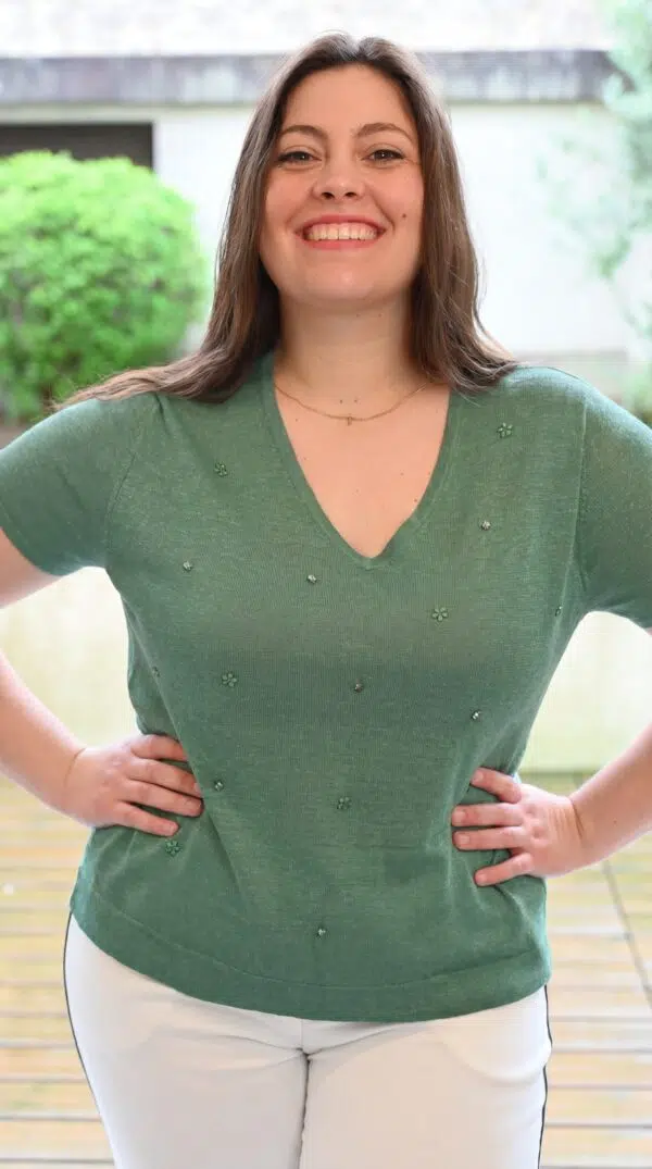 Haut en maille col V avec strass - Chanvre et viscose