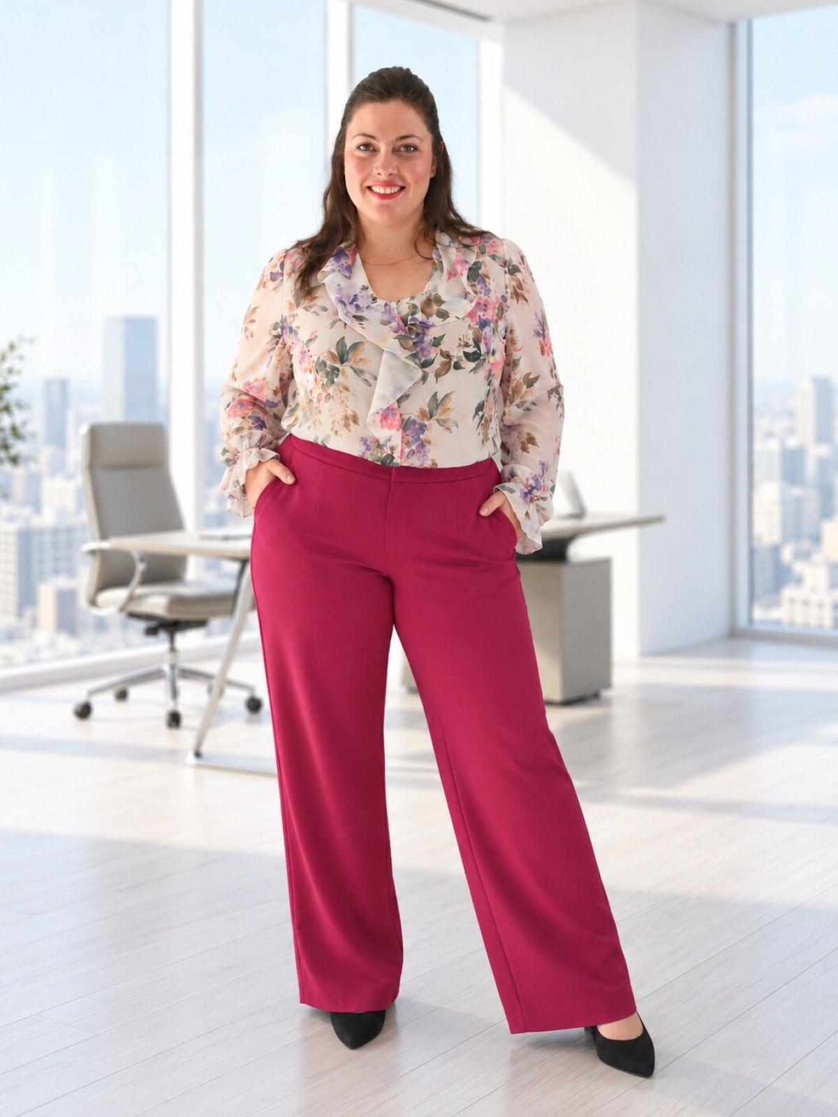Pantalon large taille haute framboise porté avec une blouse fleurie à volants et des escarpins noirs